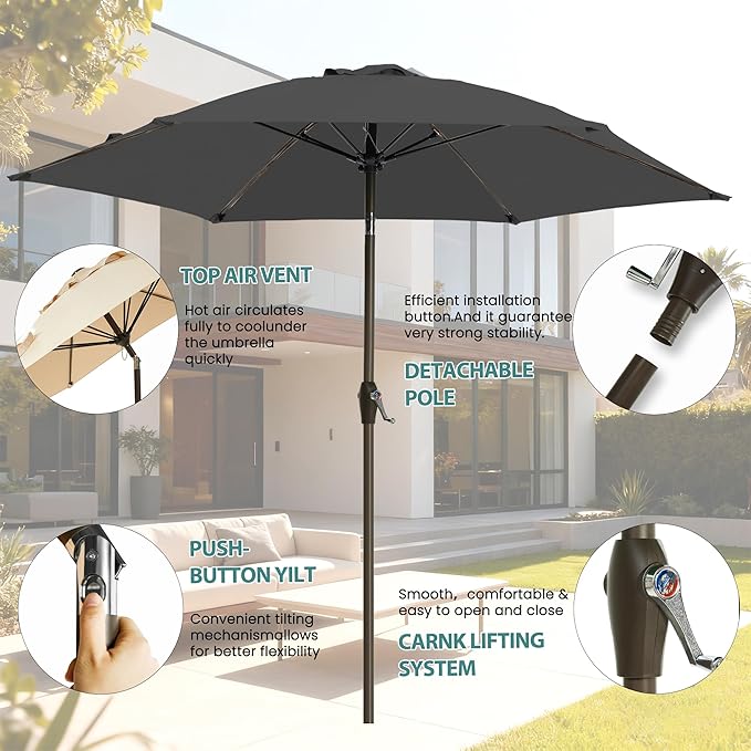 7.5FT Large Outdoor Patio Umbrella with Crank & Tilt - Durable Market Umbrella for Outdoor Patio with 6 Fiberglass Ribs for Poolside,Deck,Yard,Garden