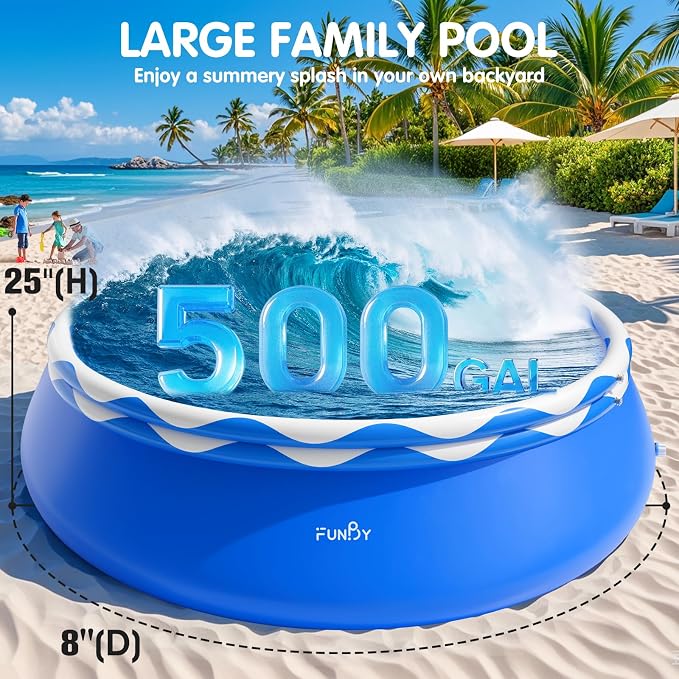 FunBy Upgraded Double Rings Inflatable Above Ground Swimming Pool Easy Set for Adults, Inflatable Top Rings Above Ground Swimming Pool, Water Ripple Print, 500 Gal Capacity (8ftx25in)