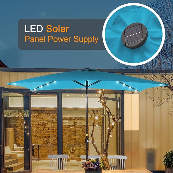 Rectangle Patio Umbrella with Solar Lights, 6x9ft Outdoor Rectangular Table Market Umbrella Patio with Push Button Tilt and Crank for Pool, Deck, Garden,Backyard