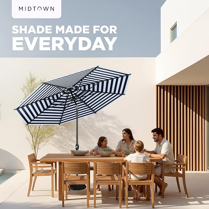 Midtown Umbrellas - 10-Year-No-Fade 6 Ft Patio Umbrella with Terylast Fabric, Auto-Tilt Aluminum Frame and 8 Reinforced Ribs for Deck, Pool, Garden & Beach - Navy/White Stripe Canopy, Black Pole