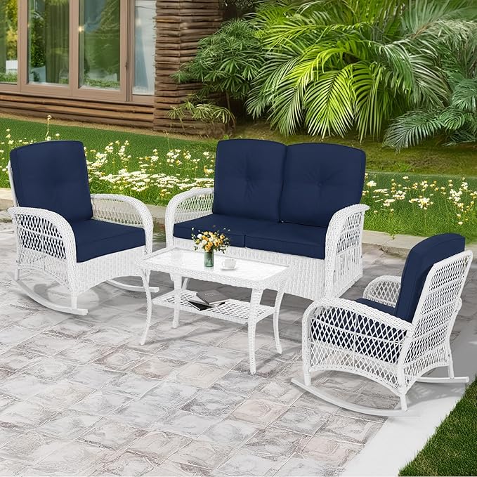 MEETWARM 4 Pieces Outdoor Wicker Patio Conversation Sets with Glider Loveseat, 2 Chairs with Coffee Table Wicker Rocking Chair Set, Patio Furniture Set with Thickened Cushions, White/Navy