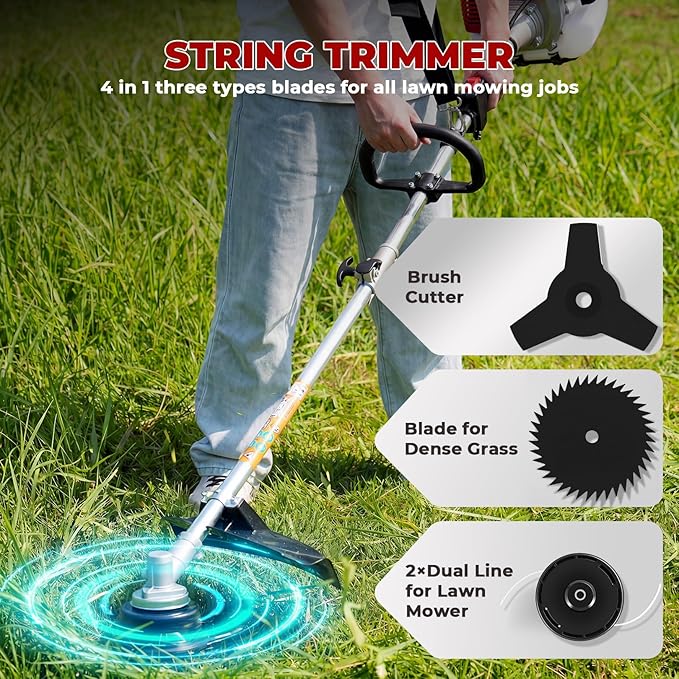 6-in-1 Gas Weed Eater, 58CC 2-Cycle Weed Wacker String Trimmer Lawn Mover Include Brush Cutter Pole Saw Hedge Trimmer Brush Cutter for Yard, Garden