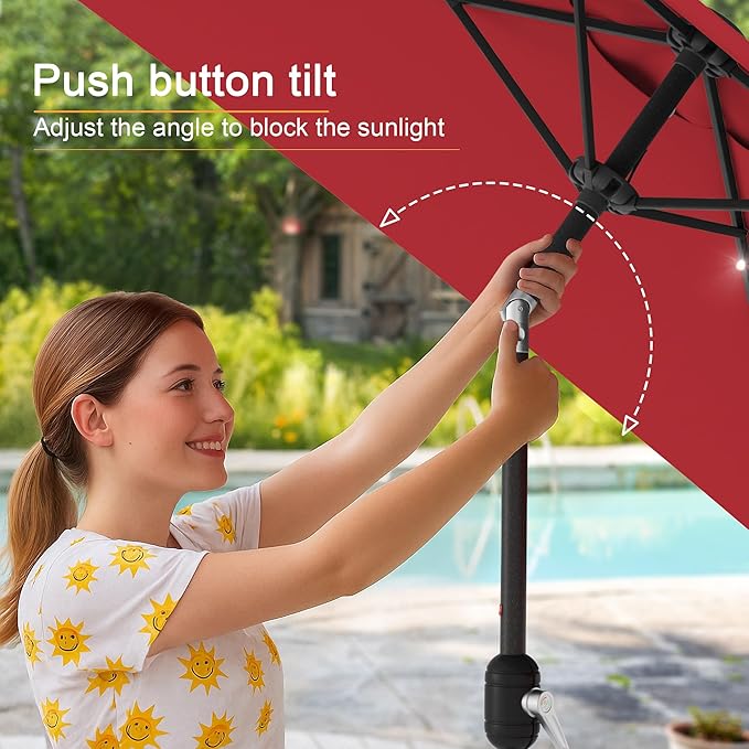 Square Patio Umbrella With Solar Lights, 6.5x6.5ft Square Umbrella Outdoor Patio with Tilt and Crank for Pool, Deck, Garden,Backyard