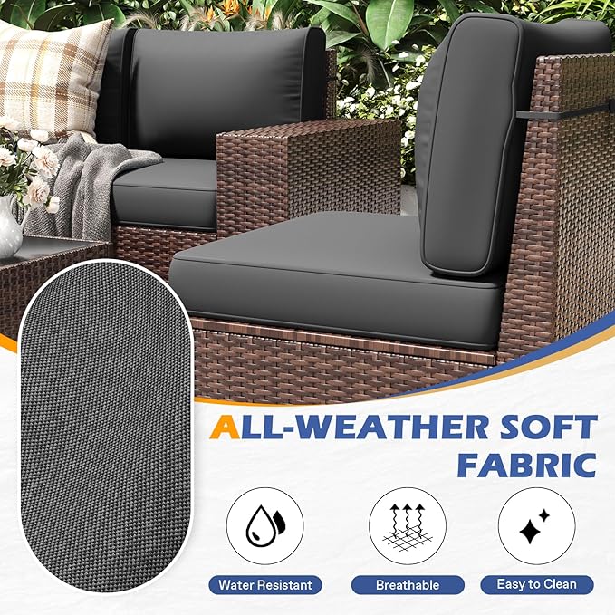 6 Pieces Outdoor Patio Furniture Set with Table Brown Rattan Sectional Sofa Conversation Sets for Balcony Lawn and Garden (Gray, 6 pcs w/Table)