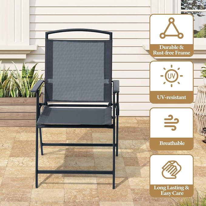 Crestlive Products 5 Piece Patio Dining Set with 4 Folding Chairs and Table Outdoor Dining Furniture with Square Glass Tabletop, Umbrella Hole for Bistro, Garden, Backyard, Deck(Grey)