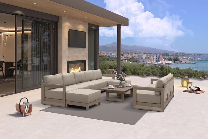PURPLE LEAF Patio Furniture Set Enclosed Outdoor Couch with 9.6" Thick Cushion and Soft Pillows 11 Piece Modern Outdoor Conversation Sets with Table Outdoor Sectional Sofas for Yard Porch Deck, Khaki
