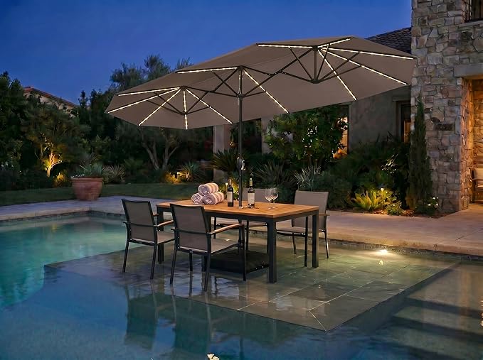 PURPLE LEAF 13ft Patio Market Umbrella with Solar LED and Base Double-Sided Rectangle Outdoor Table Sun Umbrellas with Crank for Pool Beach Deck Backyard Taupe