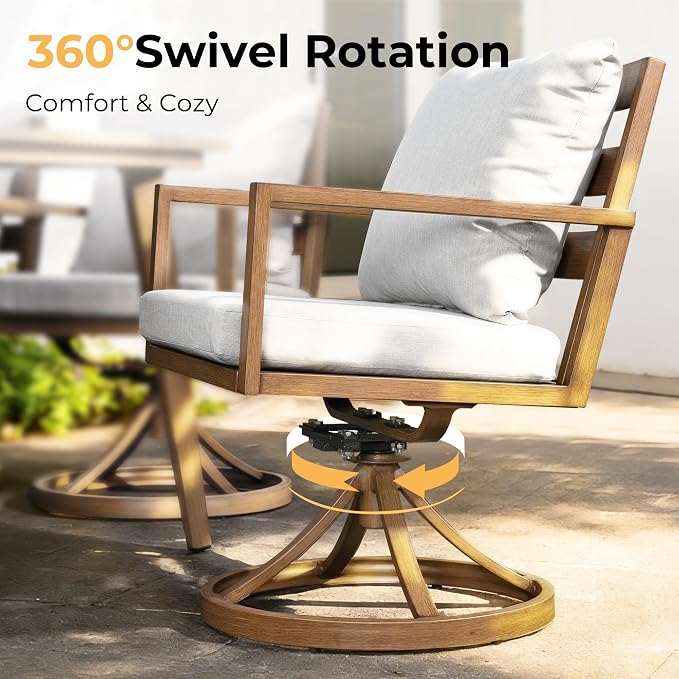 HAPPATIO Outdoor Dining Set, 9-Piece Patio Aluminum Dining Set with Wood-Like Hand-Painted Finish, 8 Swivel Rockers with Waterproof Cushions, Easy Assembly for Backyard, Garden, Porch,Grey Cushion