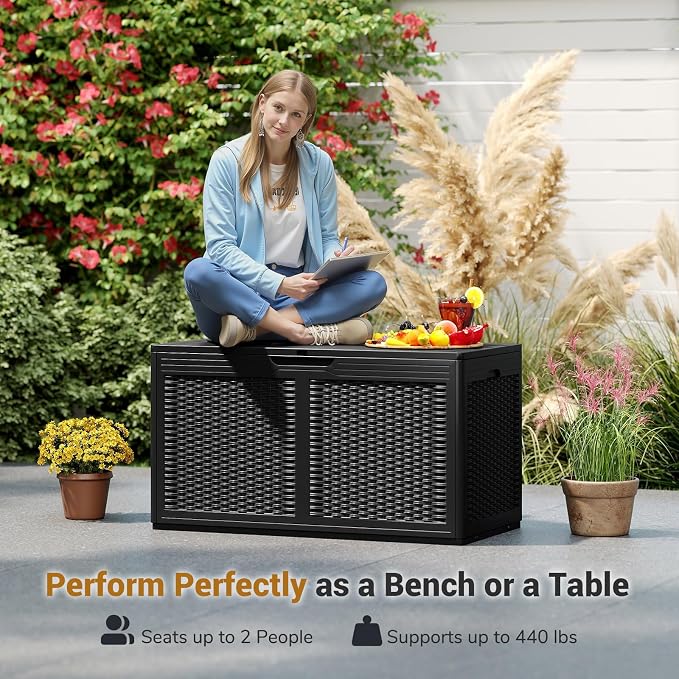 Tangkula 100 Gallon Outdoor Storage Box, Lockable Outdoor Storage Bench with 2 Smooth Wheels, Faux Rattan Surface, Waterproof Resin Deck Box for Outside Poolside Patio Garden (Black)
