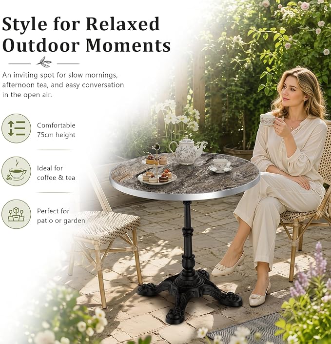 31.5" Outdoor Dining Table, Square Bistro Table w/Sintered Stone Tabletop | and Cast Iron Base, Weather Resistant Small Bistro Table for 2-4 for Outdoor Garden Café Use (Smoke Brown Marble)