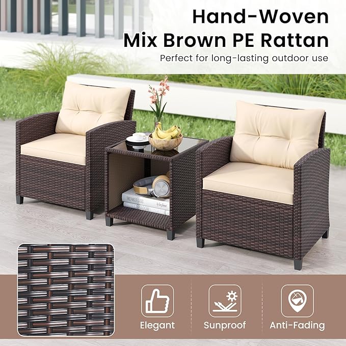 KOTEK 3 Piece Patio Furniture Set, Outdoor Conversation Set with Washable Cushions & Storage Table, PE Rattan Wicker Bistro Set for Porch, Backyard, Balcony (Beige)