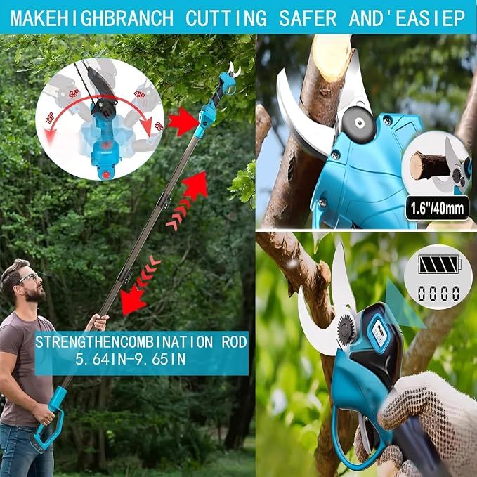 4-in-1 Cordless Pole Saw & Electric Pruning Shears, 8-inch Mini Chainsaw, Pole Pruner, Brushless Motor,