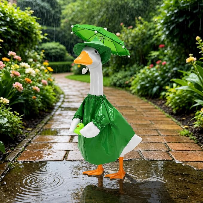 23 Inch Porch Goose Raincoat Outfit Set with Umbrella & Baby Duck Companion, Waterproof Geese Clothes for 19–23 Inch Goose and Duck Statues,Garden Yard Patio Outdoor Decor