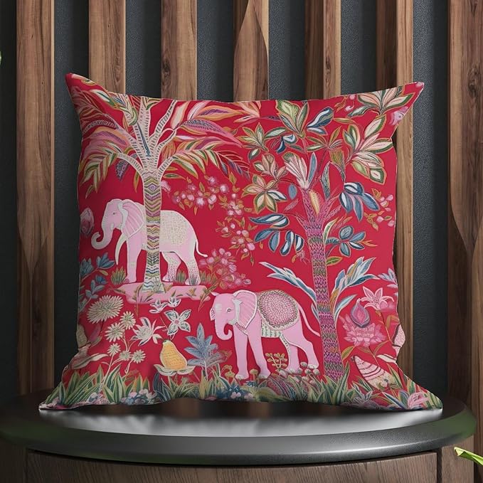 Animal Pink Chinoiserie Pillow Cover Thailand Elephant Jungle Throw Pillow Cover Classic Throw Pillow Covers Farmhouse Decorative for Patio Garden Couch Deck Chair 26x26 in