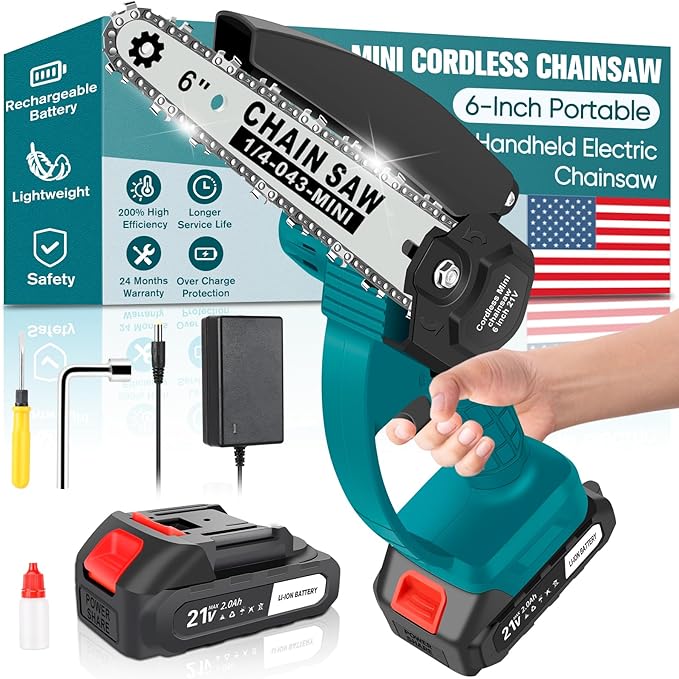 6-Inch Mini Cordless Chainsaw, Battery Powered Hand Held Electric Saw, High Speed Portable Saw for Tree Trimming, Branch Pruning, Wood & Soft Metal Cutting, Automatic Lubrication and Safety Protection