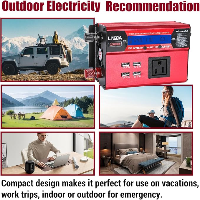 1500 Watt Power Inverter with LED Display,AC Outlets,4 USB Port, 24V DC to 110V AC Converter Car Power Inverter for Car, RV, Truck, Off Grid Solar System, Camping