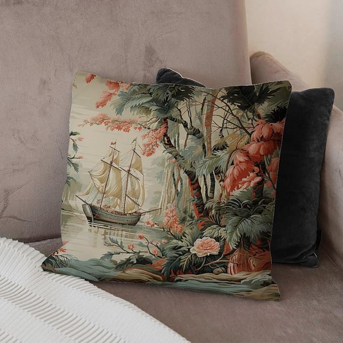 Moore Manor Antique Chinoiserie Pillowcase Vintage Boats and Flowers Throw Pillow Cover Retro Decorative Cushion Cases Home Decor for Patio Couch Sofa Office 18x18 in