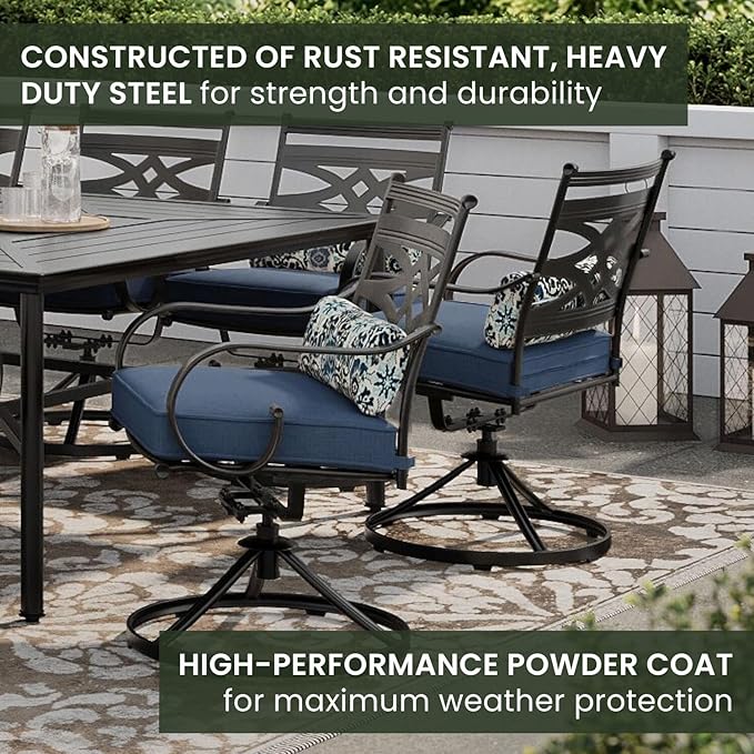 Hanover Montclair 11-Piece Patio Dining Set with 10 Swivel Rocker Chairs, Accent Lumbar Pillows and 84"x60" Steel Stamped Rectangular Table, Large Outdoor Patio Dining Set for 10, Navy Blue