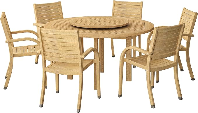 Amazonia Powell 7-Piece Wood Patio Dining Set | Round Eucalyptus Table with Lazy Susan | Ideal for Outdoors