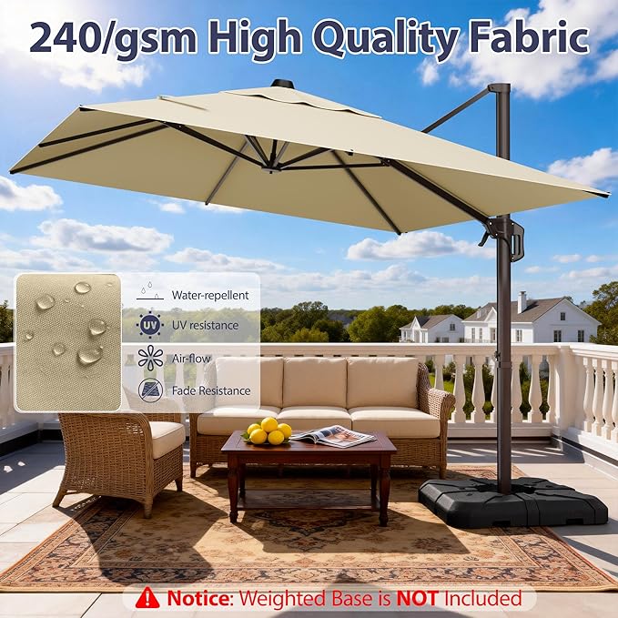 9' X 12' Cantilever Patio Umbrella Rectangle Outdoor Umbrella with Base Included, 6-Level Tilt & 360° Rotation Offset Umbrella for Garden, Deck, Pool (Beige)
