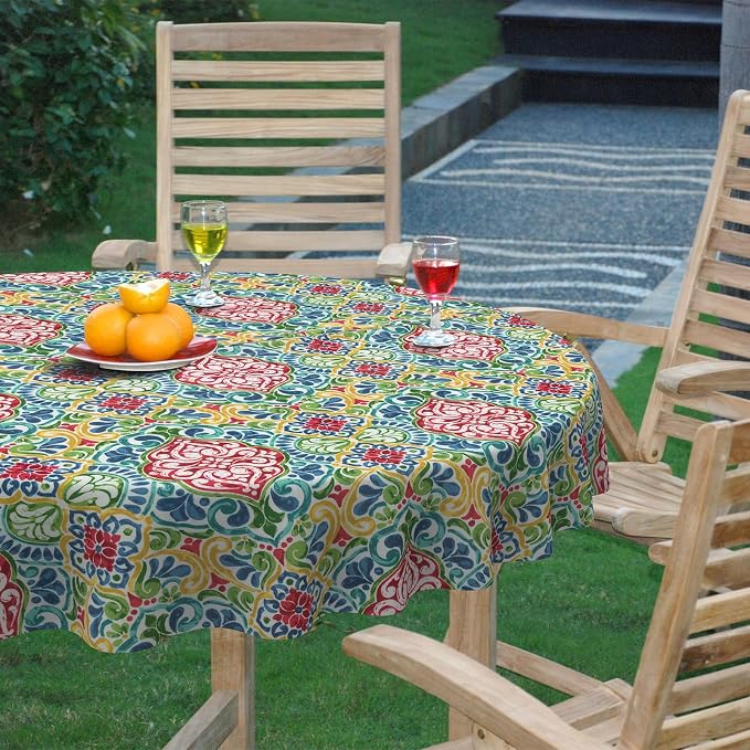 DYTXIII Outdoor Round Tablecloth with Umbrella Hole 60 Inch, Water Repellent & Fade Resistant Table Cover, All Weather Outdoor Tablecloth for Garden & Party Table, Damask Red