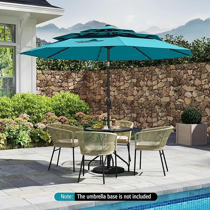 Tangkula 10 FT Solar LED Patio Umbrella, 3-Tier Vented Outdoor Market Table Umbrella with 32 LED Lights, Tilt Adjustment, Crank Handle, 8 Ribs for Backyard Pool Deck (Turquoise)