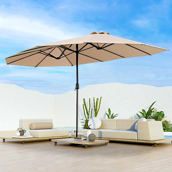 15ft Umbrella Outdoor Patio - Double-Sided Large Market Rectangle Umbrellas with Crank Handle for Patio Garden Yard Pool (No Base)
