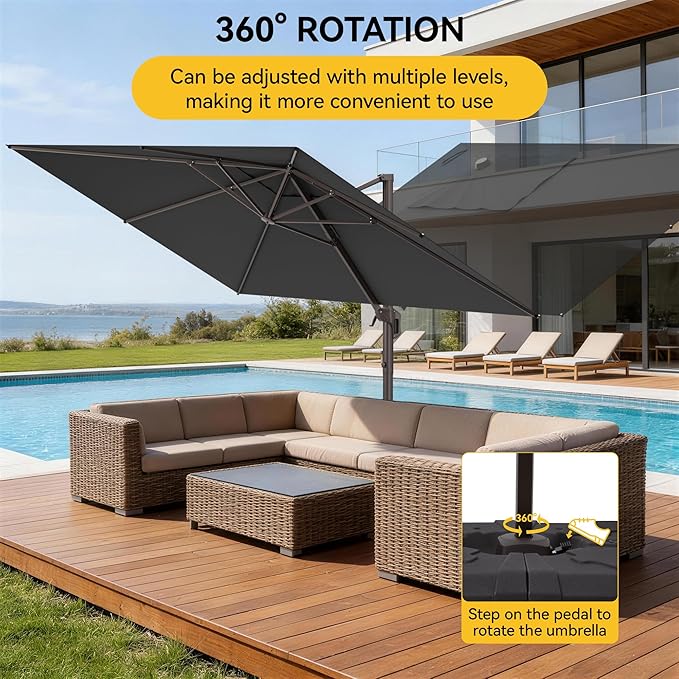 9x12 FT Cantilever Patio Umbrella with Base, Large Rectangular Offset Outdoor Umbrella with 360° Rotation, Heavy Duty Shade Umbrella for Garden Backyard Deck Poolside Courtyard, Grey