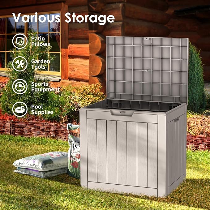 Outdoor Storage Box, 35 Gallon Waterproof Deck Box [Upgraded 3.0], Quick Snap-Lock Resin Cabinet for Seat Pillows, Patio Blankets, Lockable End Table Beverage Stand, Apartment Deck, Grey