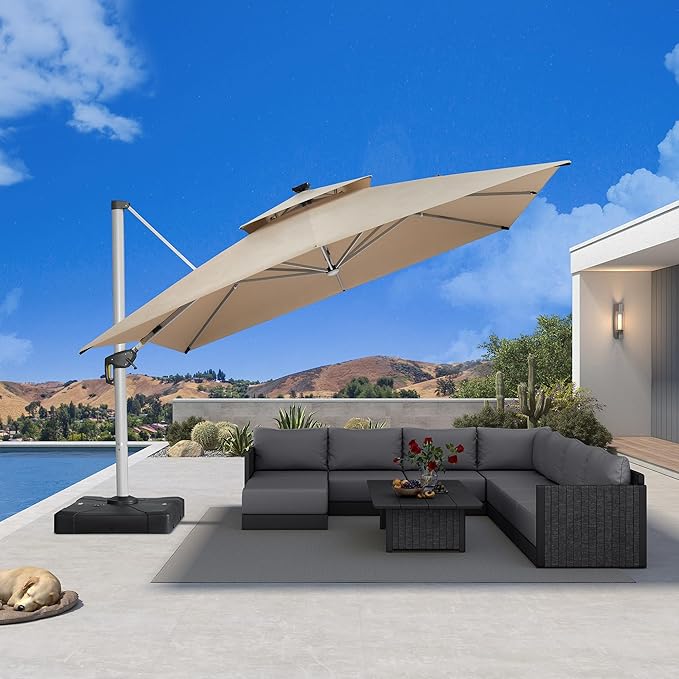 PURPLE LEAF 12' X 12' Solar Powered LED Patio Large Umbrella Offset Double Top Hanging Umbrella Outdoor Market Umbrella for Garden, Spectrum Sand