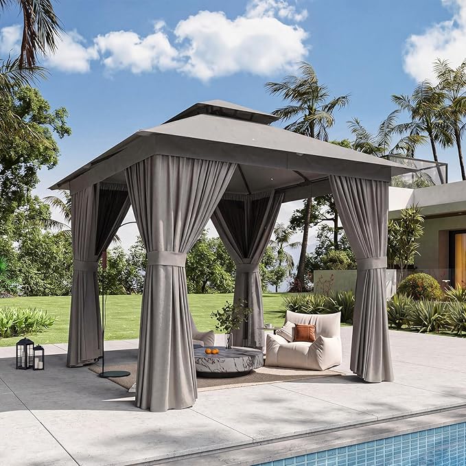 8'x8' Gazebo, Outdoor Gazebo Metal Frame Canopy with Double Roofs, Heavy Duty Patio Tent Shelter with Mosquito Netting and Privacy Screen for Backyard, Grey