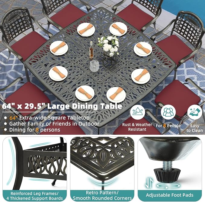 MEETWARM 9-Piece Outdoor Furniture Dining Set for 8, All Weather Cast Aluminum Patio Dining Set- Large 64" Square Table with Umbrella Hole and 8 Cushioned Chairs, Patio Table and Chairs Set, Red