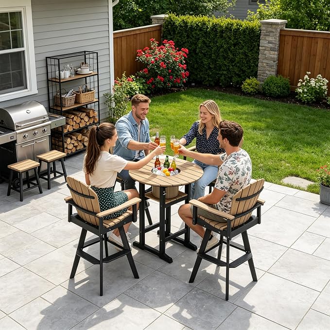 OTSUN Outdoor Adirondack Bar Table with Built-in Ice Bucket, 32“ Height Patio Large Pub Table for 4, All Weather Counter Height Table with Built-in Footrest for Outside Deck Porch Balcony Poolside