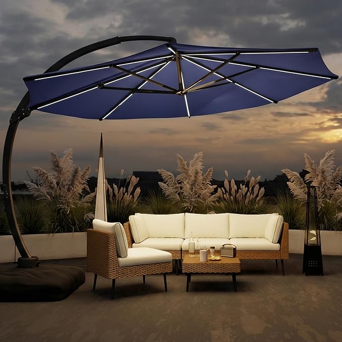 11FT Solar Powered LED Light Cantilever Patio Umbrella with Base Included, Large Cantilever Umbrella with 360°Rotation, Heavy-Duty Offset Outdoor Umbrella for Patio,Pool,Backyard (Navy blue)