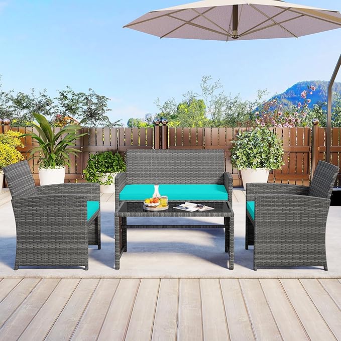 HAPPYGRILL 4 Piece Rattan Wicker Patio Conversation Set, Outdoor Furniture with Chair Loveseat Table & Cushion, for Backyard Porch Balcony (1, Turquoise)