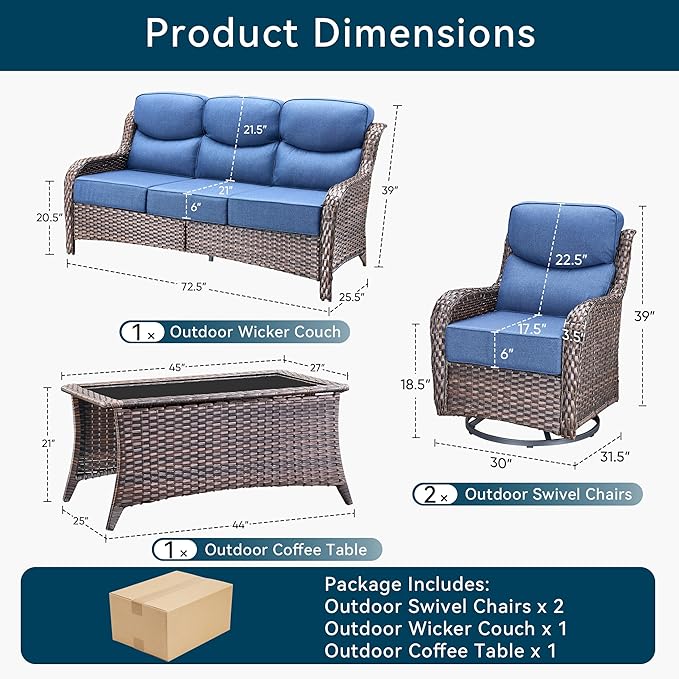 Luxury 4 Pieces Patio Furniture Set-Outdoor Swivel Rocker Patio Chairs with 6" Extra Thick Cushions, High Back Outdoor Couch and Coffee Table, Wicker Conversation Sets for Porch Deck(Brown/Blue)