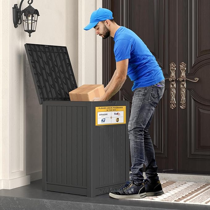 LHBGO Package Delivery Box for Outside with Sign, 48 Gallon Storage with Lockable Secure, Large Double Wall Resin Outdoor Package Delivery Waterproof