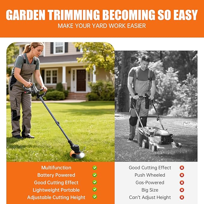 Electric Weed Wacker Weed Cordless Eater with Wheels and 2 Pcs 21V/2000mAh Batteries, 3 in 1 Grass Trimmer/Brush Cutter/Lawn Edger with 27 Pcs Replacement Blades for Lawn Garden and Yard (Black)