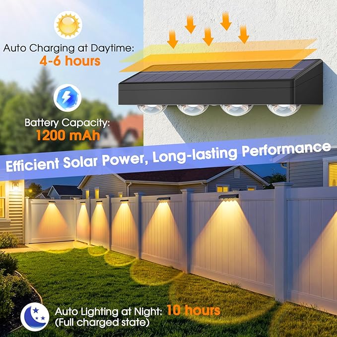ShineTech Solar Fence Lights Outdoor Waterproof, 3-Color Lighting Modes LED Solar Powered Deck Lights, Outdoor Step Lights for Railing, Patio, Wall, Backyard (6 Packs)