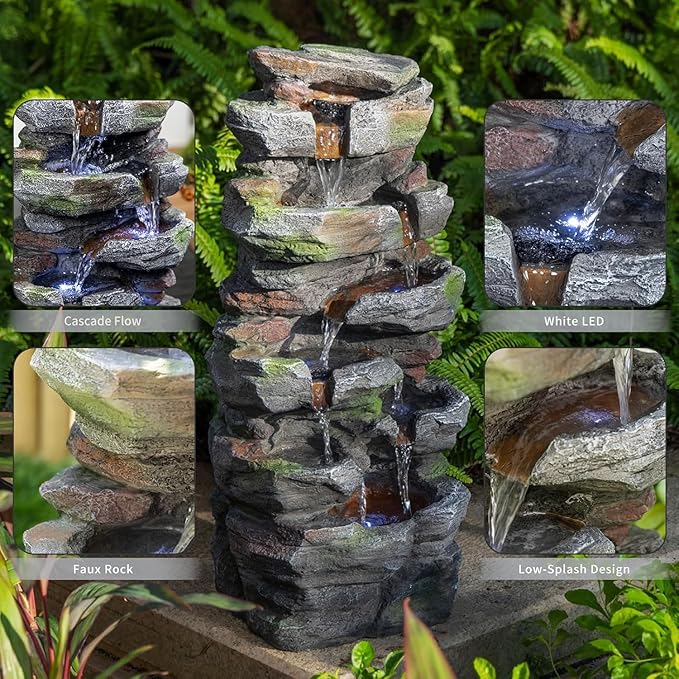 Water Fountain Outdoor 23.62" H 6-Tier Rock Cascading with LED Lights, Weather-Resistant Resin Stone Water Feature for Patio, Balcony & Home Decor, for Garden Lovers