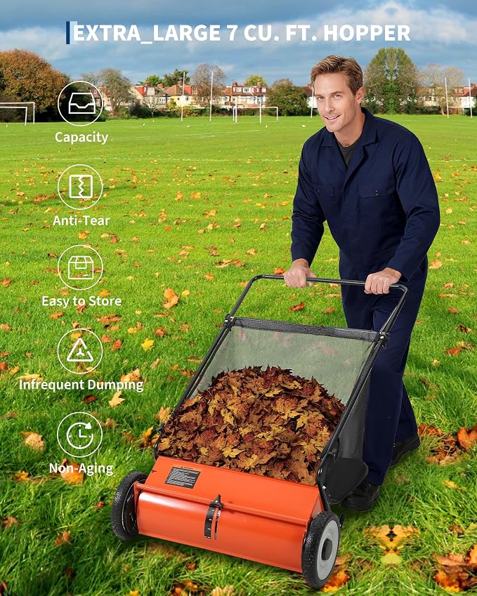 Heavy-Duty 26-Inch Hand-Push Lawn Sweeper with 7 Cu.ft. Collection Bag & Adjustable Brush Reel - Ideal for Picking Up Grass, Leaves, and Yard Debris on Any Terrain