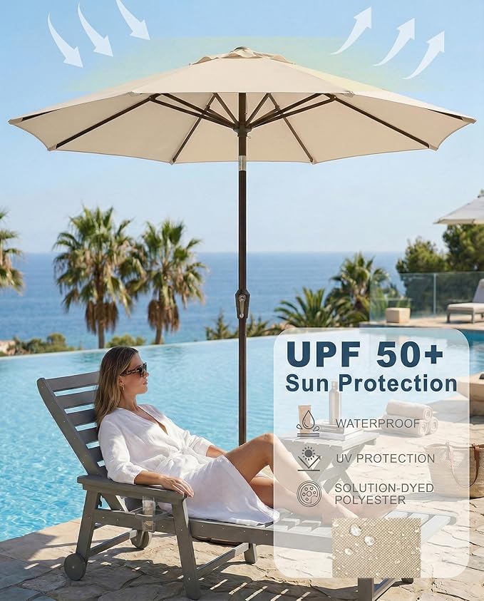 PatioKingdom Auto-Tilt 9FT Patio Umbrella Outdoor with 8 Sturdy Fiberglass Ribs,Market Table Umbrella for Pool,Backyard,Deck and Garden