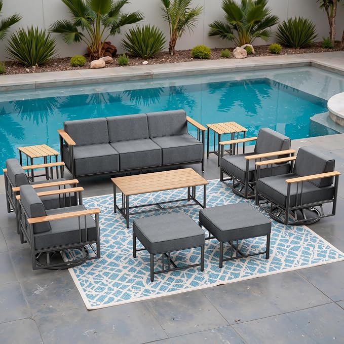 Luxury Outdoor Furniture Set with Swivel Chairs, 10 PCS Patio Furniture Set with 6" Extra Thick Cushions, Suitable for Porch, Balcony, Deck, Patio, Yard, Poolside, Black/Grey