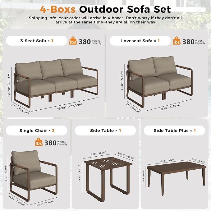Outdoor Aluminum Patio Furniture Set with with 6.5" Thick Cushions,9-Piece Outdoor Sectional Conversation Set with Coffee Tables,All-Weather Patio Set for Backyard & Deck，Brown