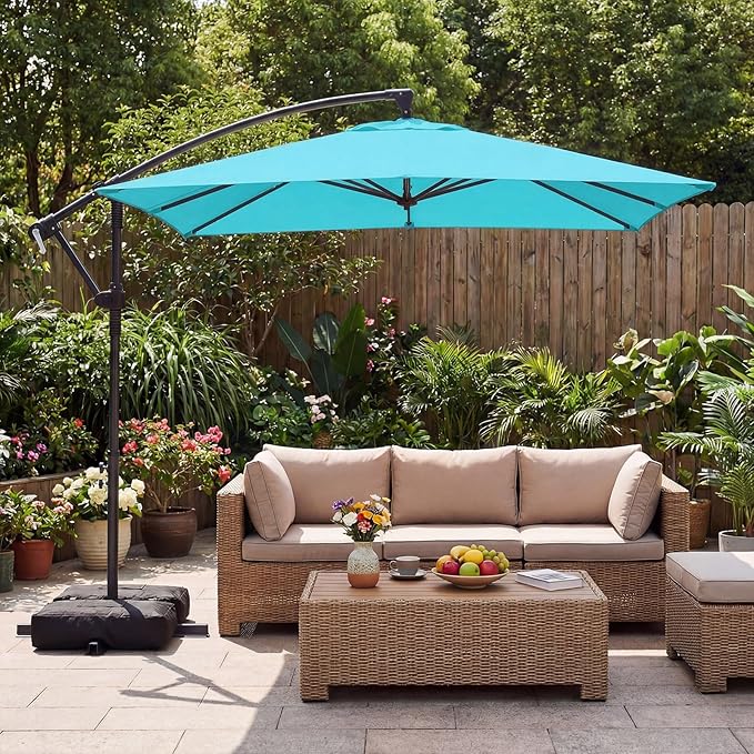 Tangkula 8x8 FT Patio Umbrella with Base Included, Square Offset Cantilever Outdoor Umbrella with 360 Degree Rotation, Crank Handle, Sandbags, 8 Ribs for Pool Deck Garden Backyard