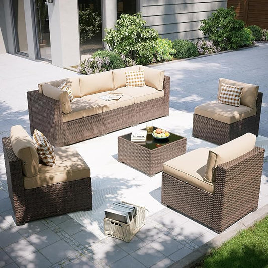 Aoxun Patio Furniture Set, 7 Piece Outdoor Sectional Sofas with Waterprool Cover, Wicker Rattan Outdoor Furniture Patio Conversation Set for Backyard, Garden (Brown Rattan Beige Cushions)