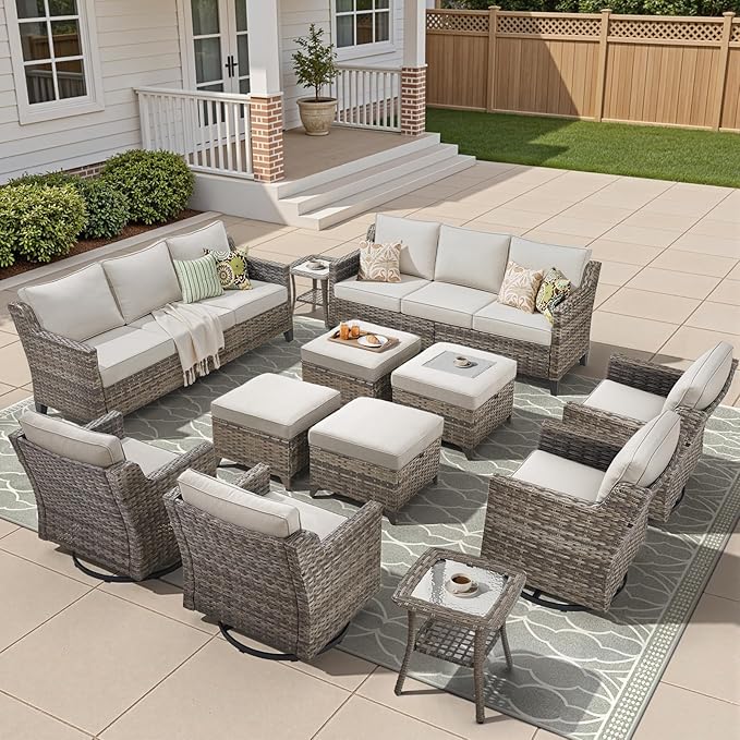 12 Piece Patio Furniture Set-High Back Outdoor Furniture Set Sectional Sofa with Wicker Swivel Patio Chairs,Comfy Cushions Ottomans for Porch Balcony Patio Deck Grey/Beige