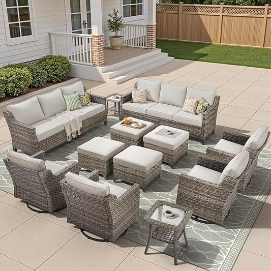12 Piece Patio Furniture Set-High Back Outdoor Furniture Set Sectional Sofa with Wicker Swivel Patio Chairs,Comfy Cushions Ottomans for Porch Balcony Patio Deck Grey/Beige