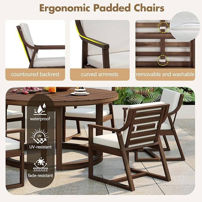 7-Piece Patio Dining Table Set for 6, 59" Round Wooden Table with 1.96" Umbrella Hole, Outdoor Furniture with Removable Beige Cushions, Mocha Finish, for Garden Backyard Poolside (Mocha1)