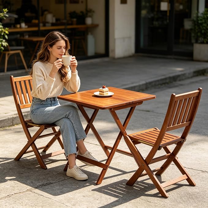 Solid Wood Folding Table, Square Patio Foldable Dining Table, Weather Resistant Outdoor Wooden Table for Deck, Balcony, Garden, Backyard, No Assembly Required